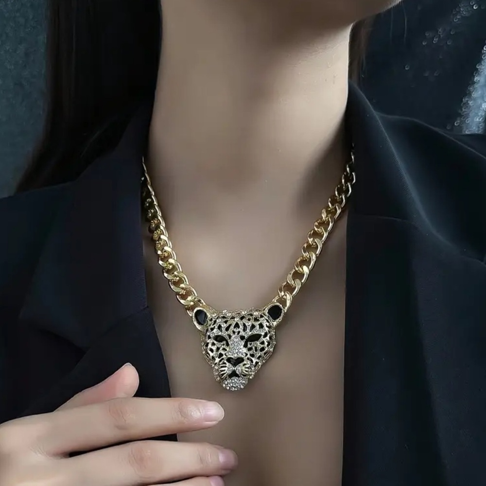 NEW Punk Hip-Hop Leopard Head Pendant Necklace Chunky Crystal Chain Unisex